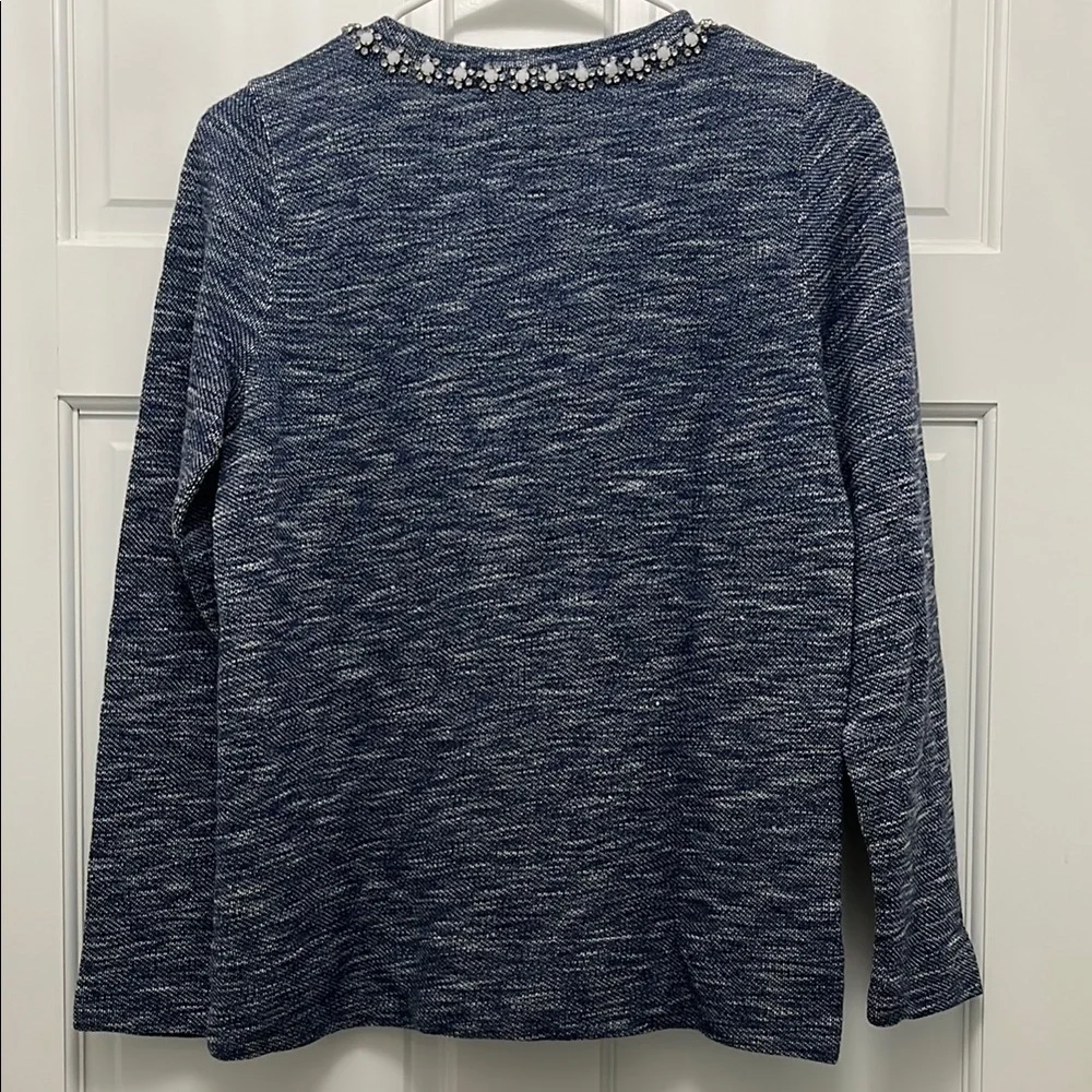 NWT J. Crew Blue and White Heathered Knit Sweater with Embellishments - Sz Small
